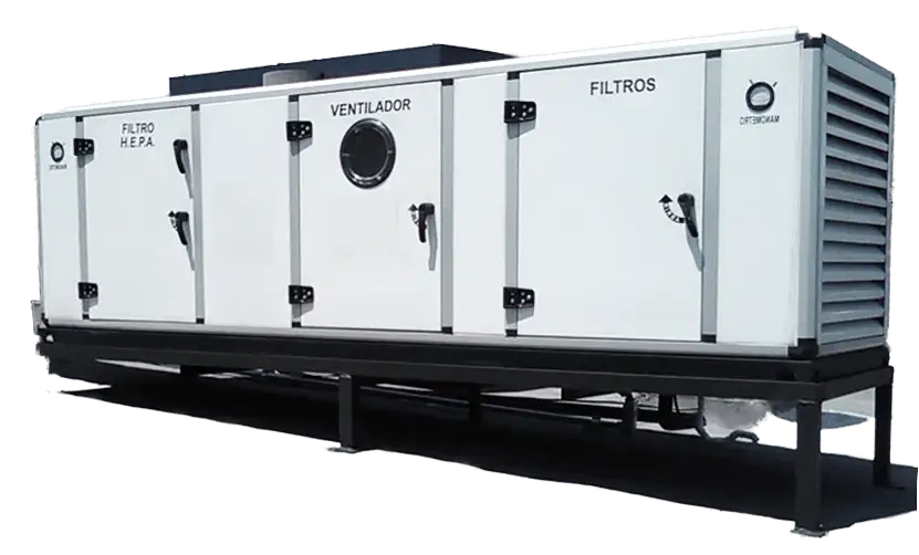 Unidad Manejadora de Aire (UMA) para sistemas HVAC industriales Unidad Manejadora de Aire industrial con compartimentos de filtración y ventilador, utilizada en climatización de espacios productivos