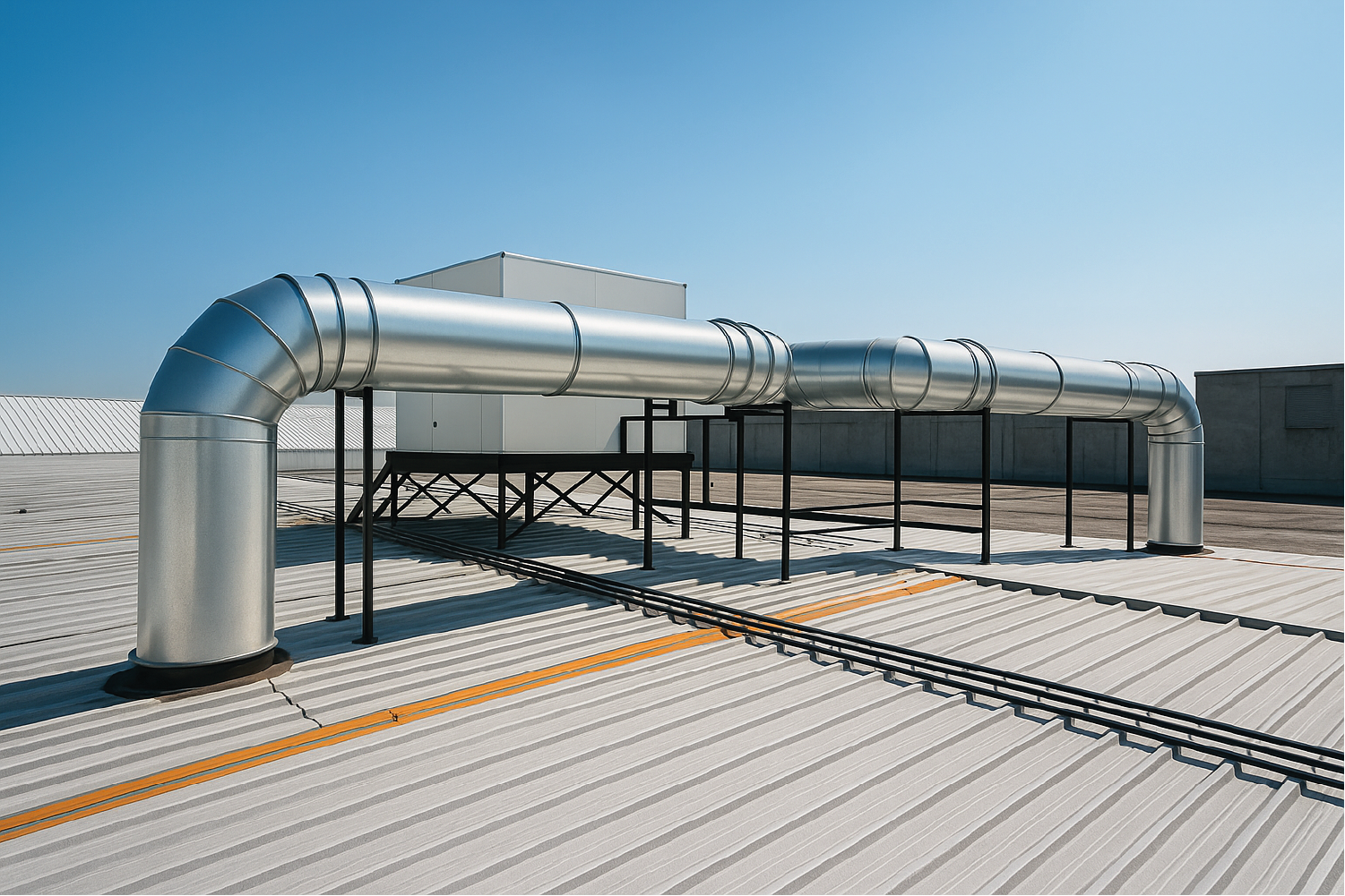 Unidad Manejadora de Aire (UMA) con ductos metálicos en techo industrial UMA instalada en cubierta de nave industrial, conectada a ductos metálicos circulares para distribución de aire en sistema HVAC
