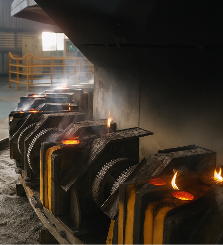 Zona de fundición en horno industrial de alta temperatura Vista de crisoles con metal fundido y llamas activas durante un proceso de fundición en horno industrial.