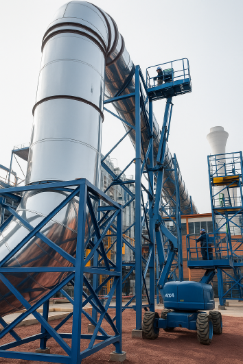 Instalación de Ductería Industrial a Gran Altura Montaje de ductería galvanizada sobre estructura metálica con elevadores hidráulicos