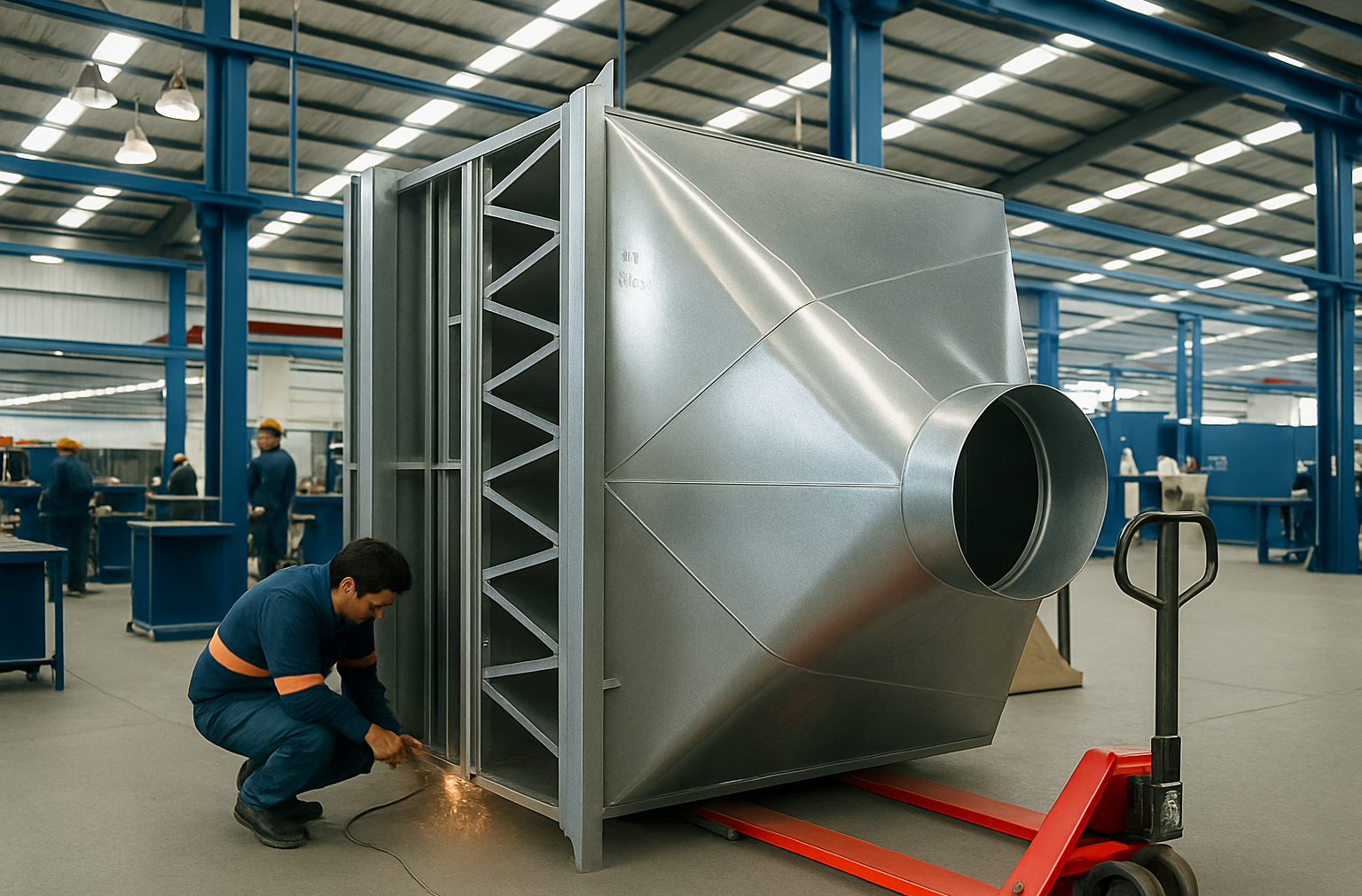 Gabinete metálico industrial con entradas para filtros de carbón activado en taller de fabricación