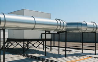 Sistema de climatización con unidad manejadora de aire instalada sobre techo de nave industrial