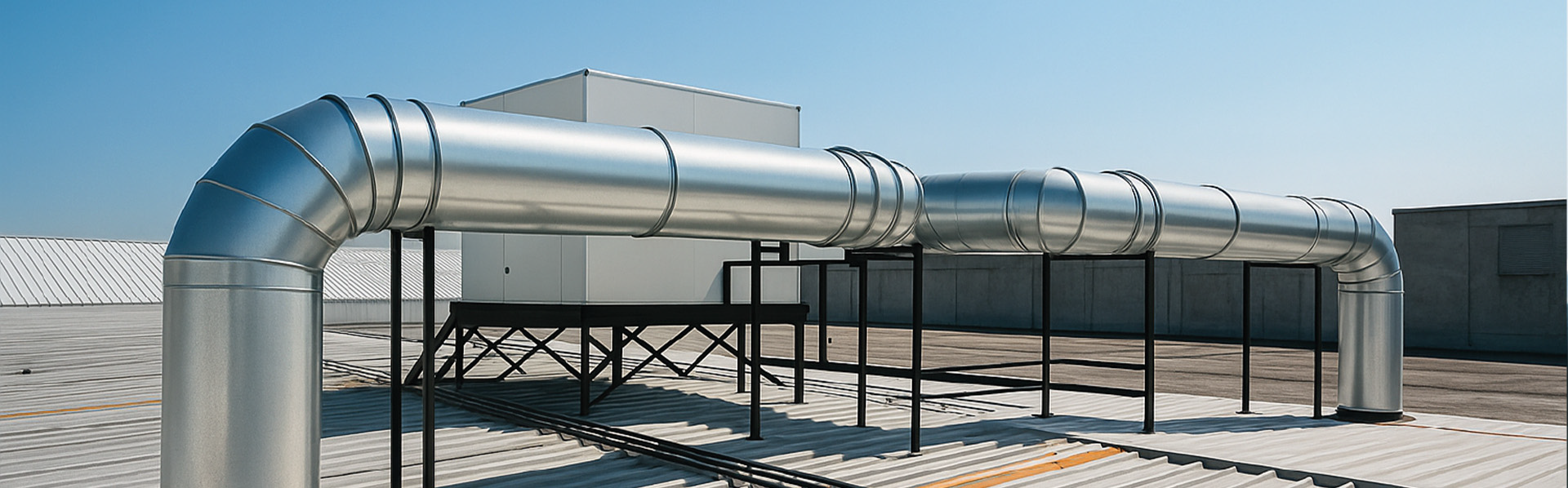 Sistema de climatización con unidad manejadora de aire instalada sobre techo de nave industrial