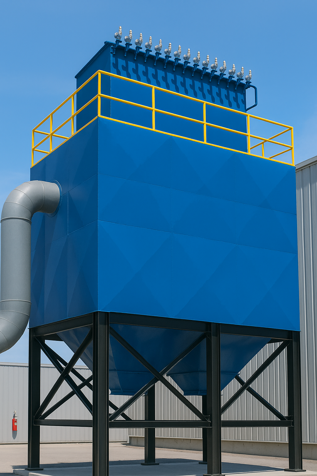 Colector de polvo industrial tipo Baghouse azul instalado por MCAT en planta de manufactura (2025)