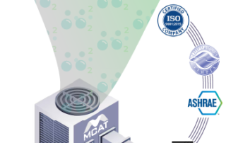 Calidad de aire y sus normativas, ilustración de sistema de ventilación MCAT con logotipos de certificaciones ISO, ASHRAE y NOM.