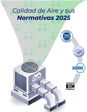 Calidad de aire y sus normativas, ilustración de sistema de ventilación MCAT con logotipos de certificaciones ISO, ASHRAE y NOM.