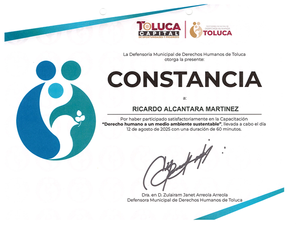 Constancia de capacitación continua en derechos humanos y medio ambiente sustentable otorgada por la Defensoría Municipal de Derechos Humanos de Toluca