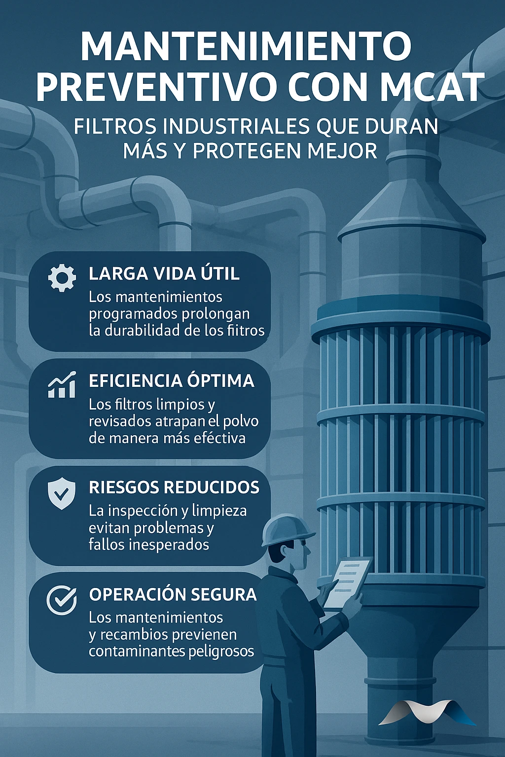 Mantenimiento Preventivo de Filtros Industriales con MCAT Infografía de MCAT sobre mantenimiento preventivo de filtros industriales, destacando larga vida útil, eficiencia óptima, reducción de riesgos y operación segura.